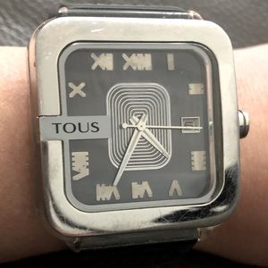 Womens Authentic Tous Watch! Silver square face & Black rubber band.